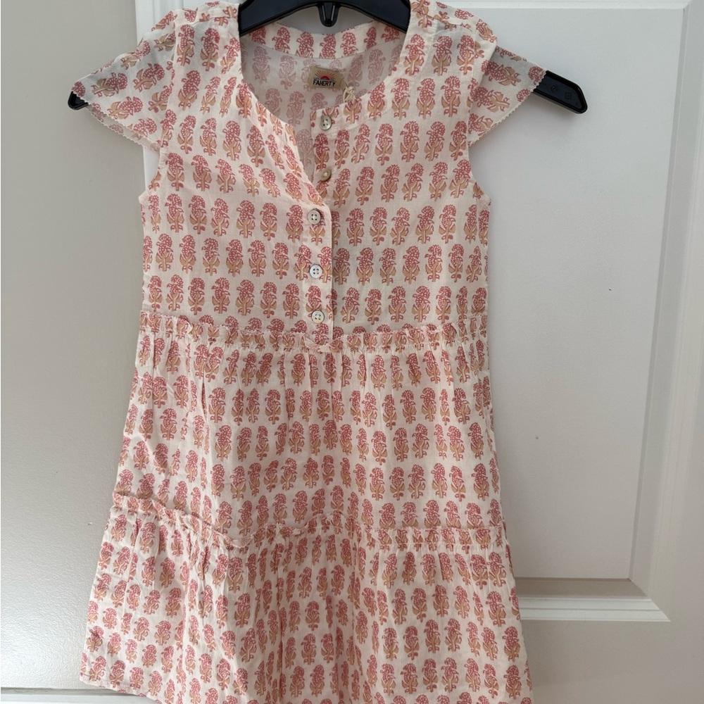 Faherty Girls Cream Dress with Pink Floral Block Print